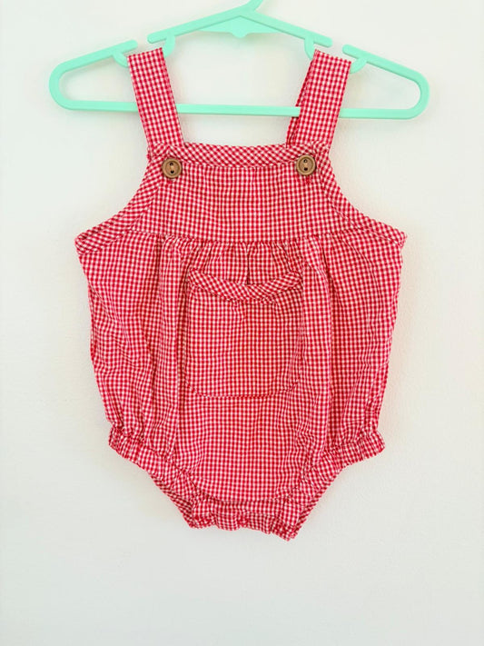 Size 00 Blossom & pear cotton red check romper with poppers.