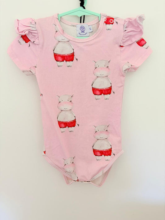 Size 2 Cheeky chickadee hippo print pink bodysuit.