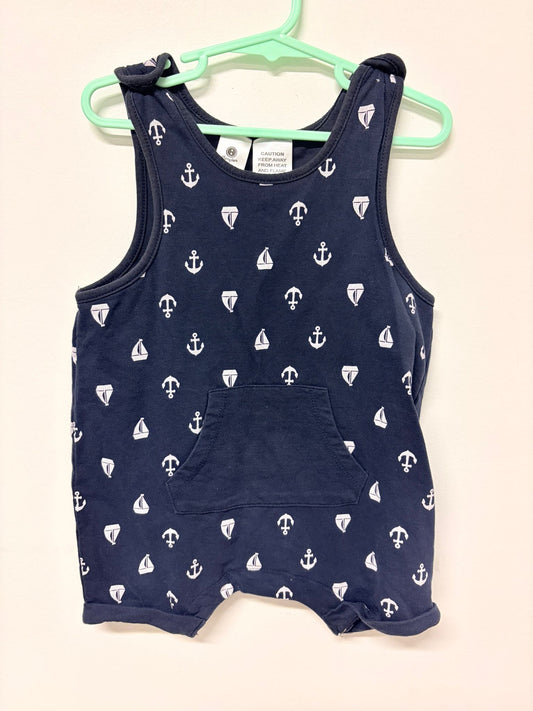 Size 2 Dymples Navy romper with white boat print.