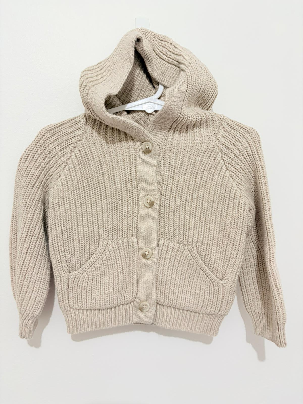 Size 1 Jamie Kay knitted cream hooded cardigan.