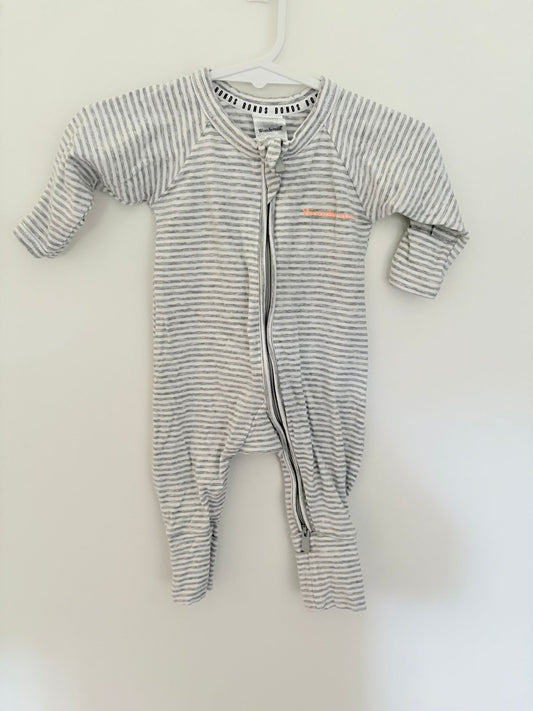 Newborn Bonds onesie grey/white stripe.