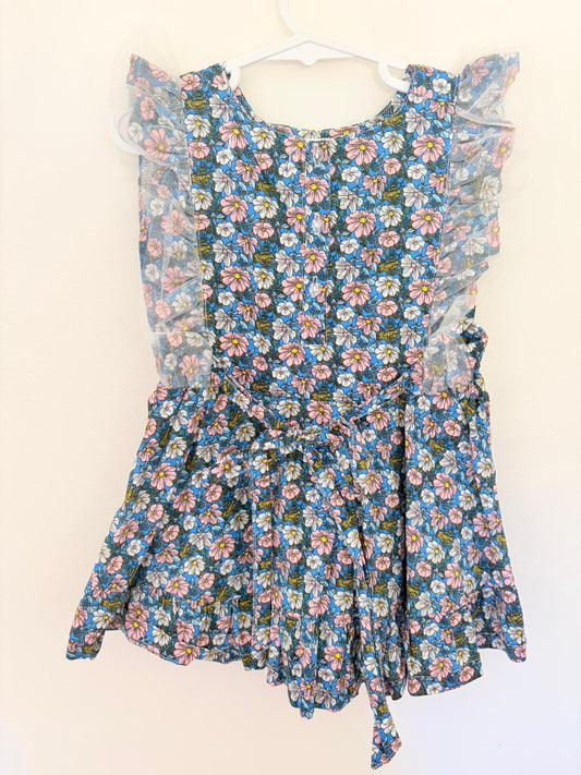 Size 3 Mini Mae the label blue floral cotton dress with tule trim & bloomers.
