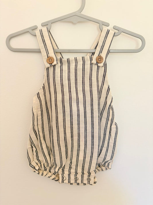 000 Baby Berry cream & dark blue stripped linen romper.
