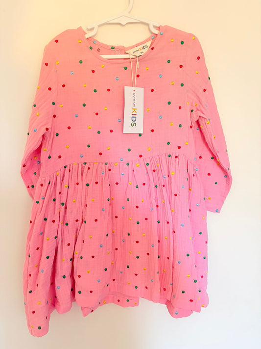 Size 4 (New with tags) Gorman Kids pink spotty linen dress.