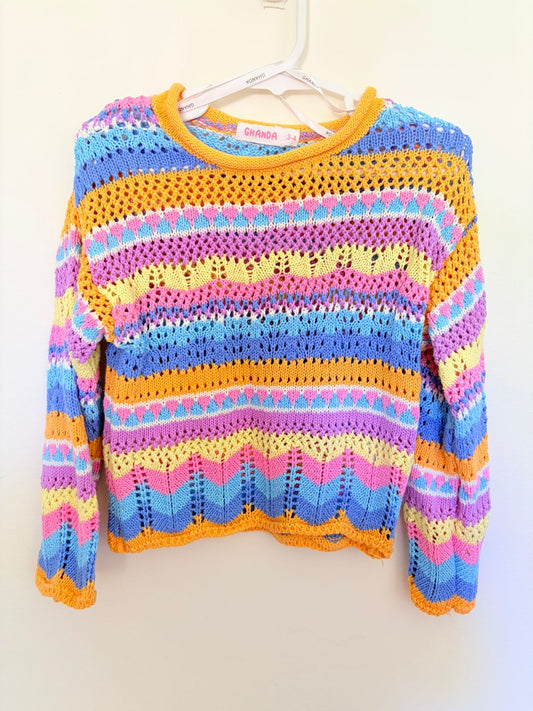 Size 3 GHANDA Crochet jumper orange trim.