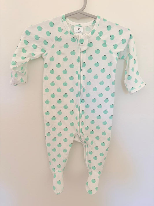 000 Target onesie white with green apple print.