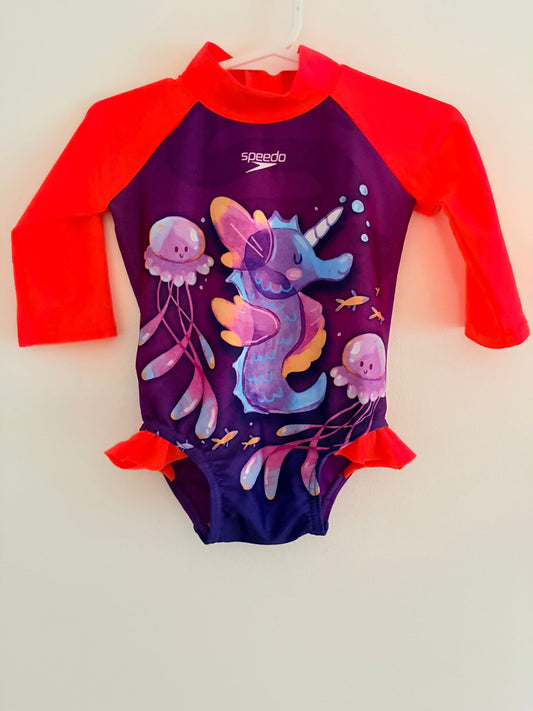 Size 0 Speedo purple and orange swimsuit with seahorse print.