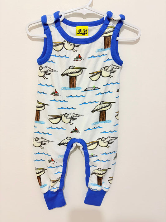 Size 00 Duns organic cotton onesie pelican print.