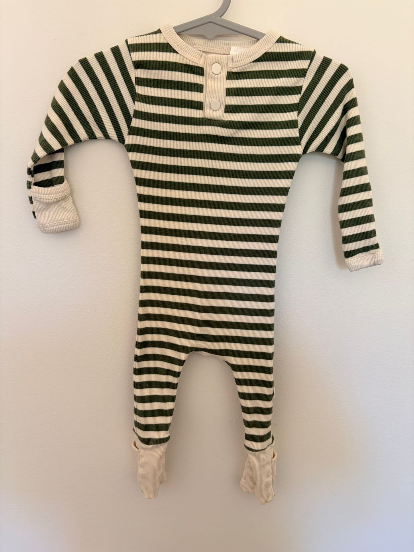 000 Snuggle hunny striped onesie cream and green.