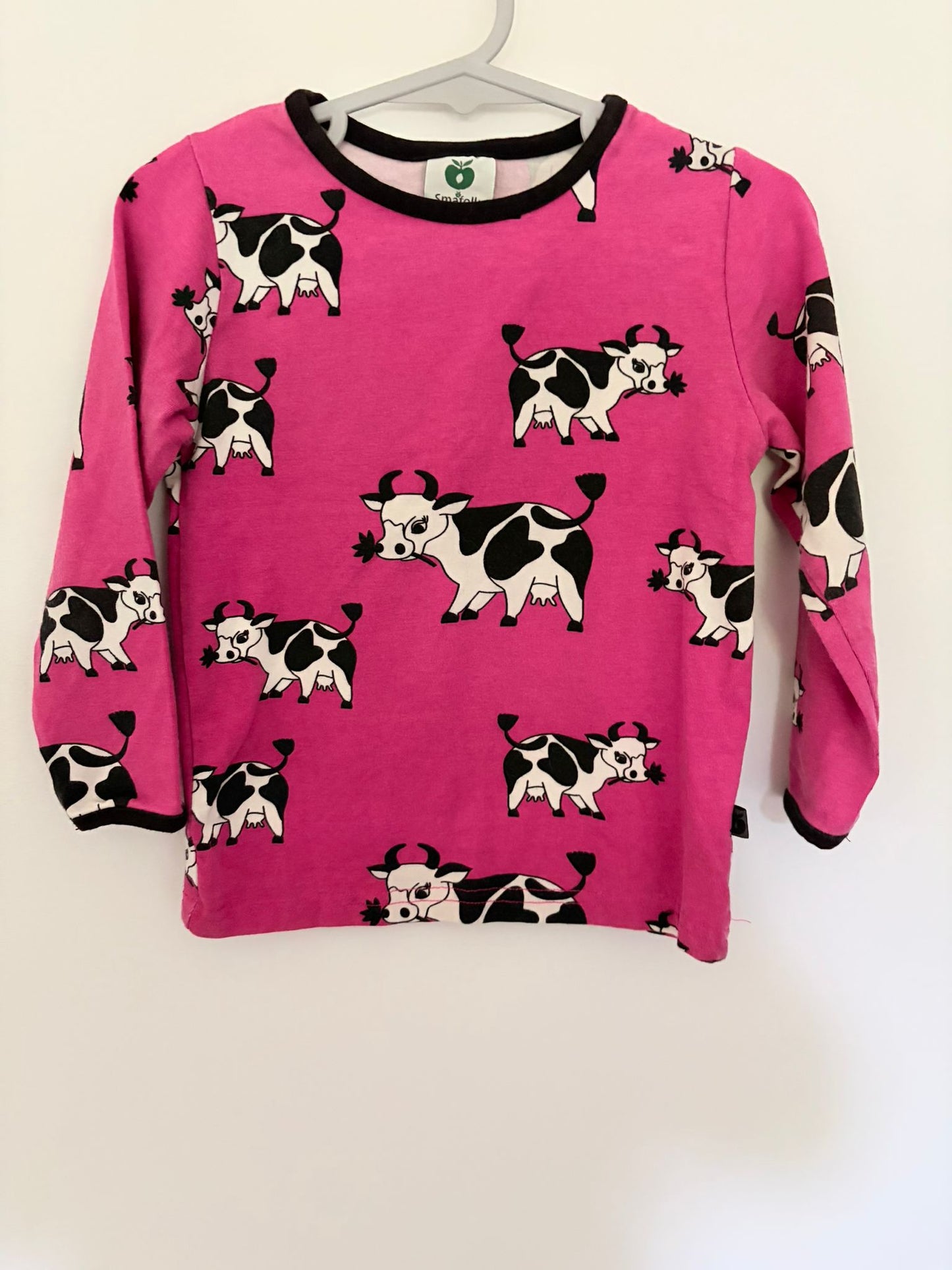 Size 2 SMAFOLK Danish design pink cow print long sleeve top.