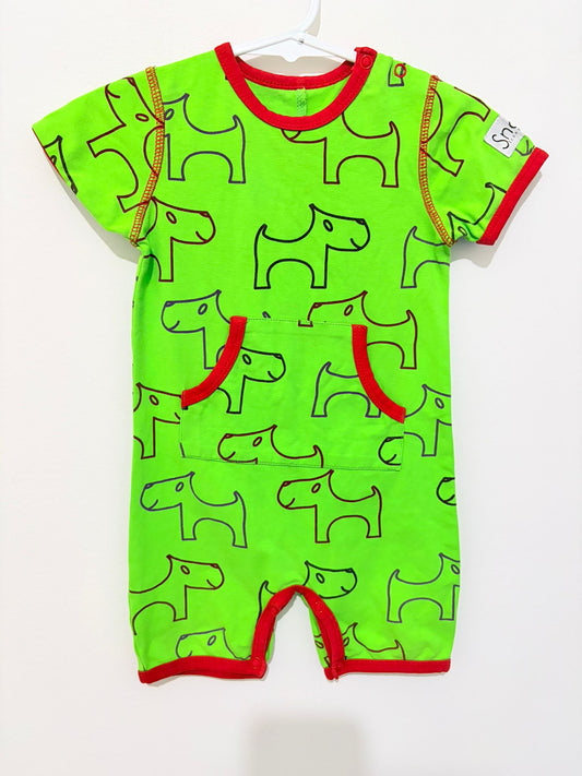 Size 0 SNOOZY Scandinavia organic cotton green dog print onesie.
