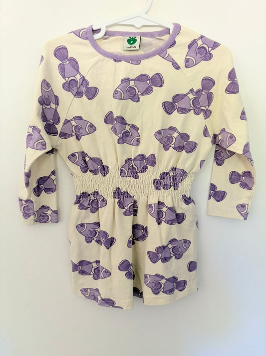 Size 2 SMAFOLK Scandi brand cream dress with purple fish.