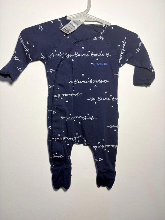 0000 Bonds cozysuit blue with white text print.