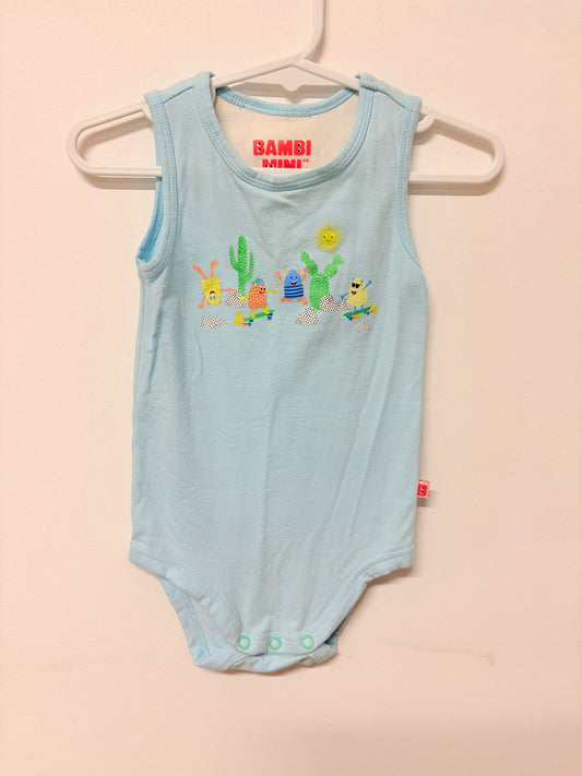 Size 0 Bambi mini Co. Pale blue monster print bodysuit.