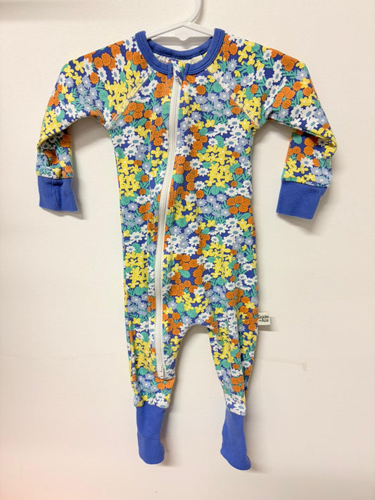 00 Goldie + Ace bright floral onesie / blue trim.