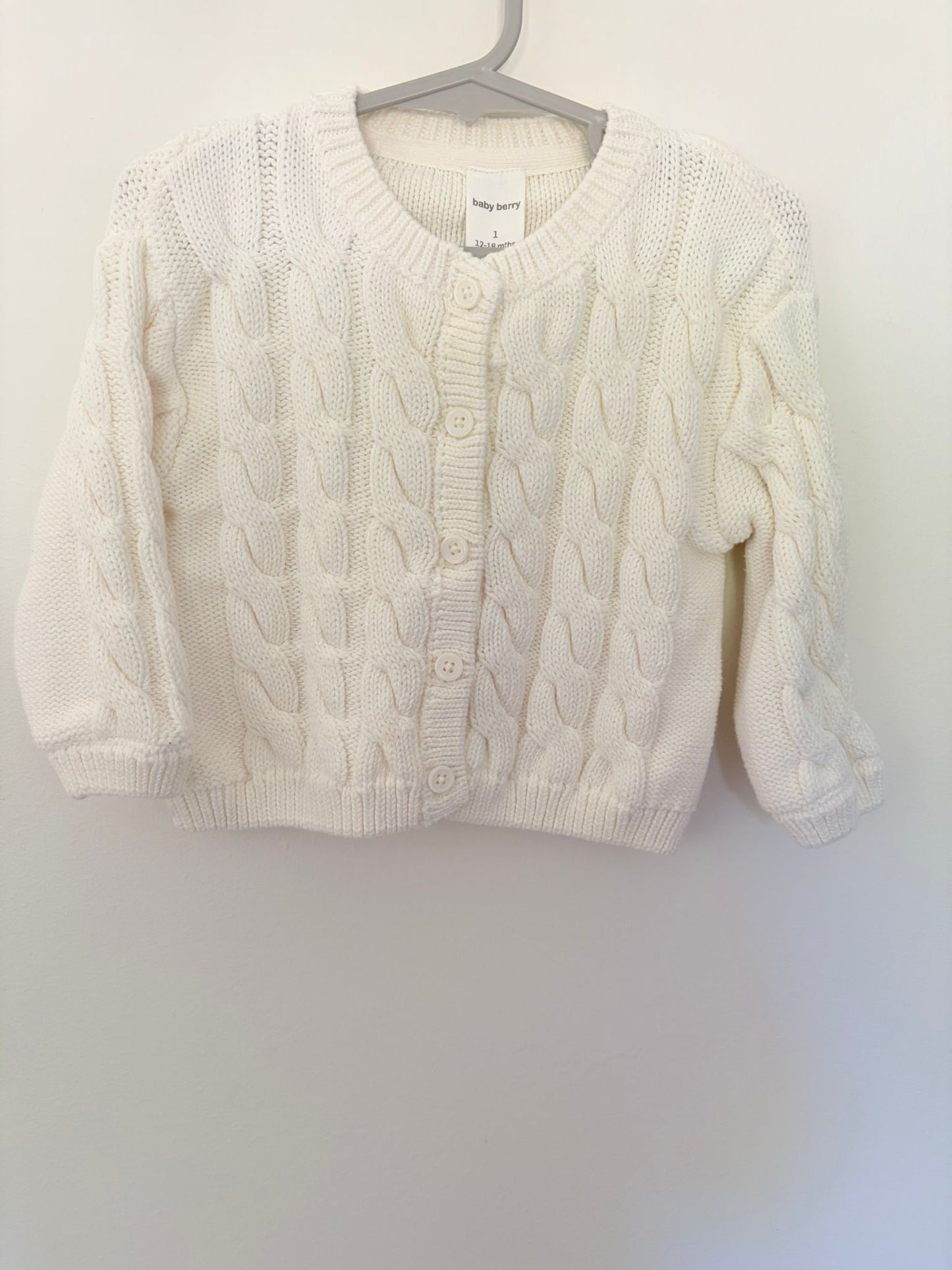 Size 1 Baby Berry white chunky knit cardigan.