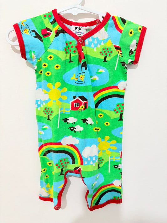 Size 00 JNY scandi colourful Kids farmyard onesie.