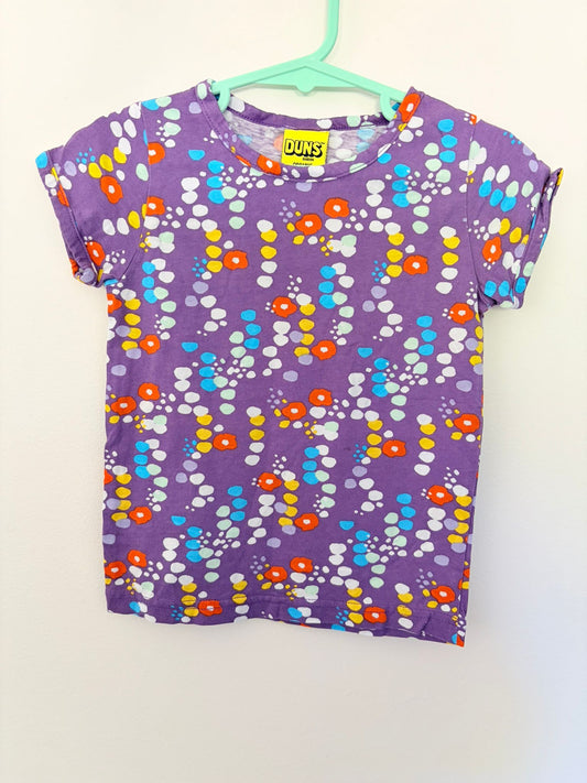 Size 2 DUNS Sweden organic cotton purple floral print t-shirt.