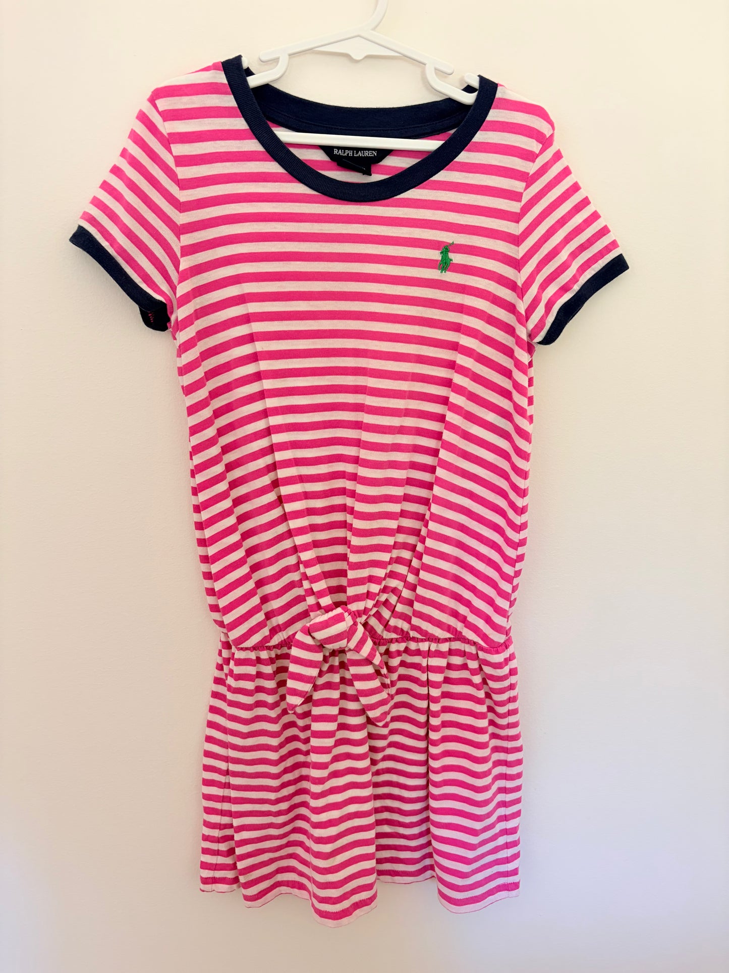 Size 7 Ralph Lauren pink striped dress with green logo embroidered